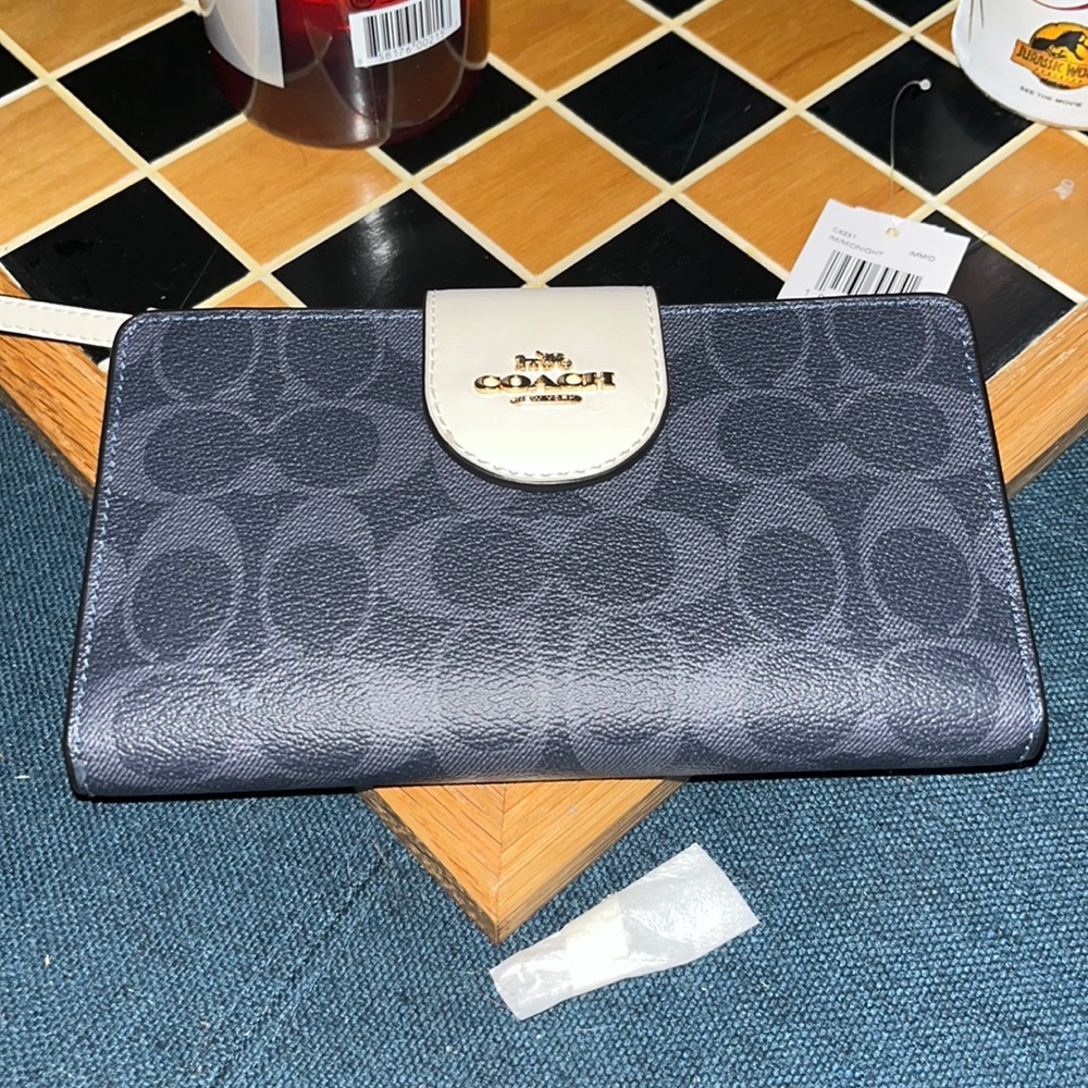 Authentic NWT coach denim and white leather tech wallet
